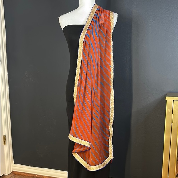 Wedding Guest Saree Gift Set – Orange & Blue Striped Dupatta + Jewelry - Picture 1 of 3